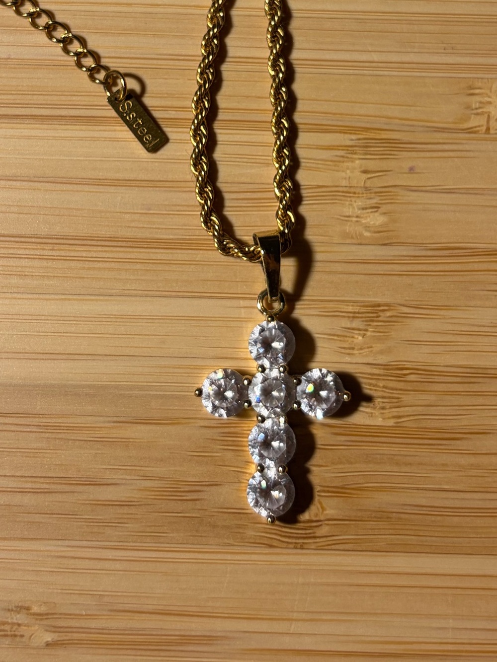 Gold Cross Pendant Necklace with Clear Stones STAINLESS STEEL